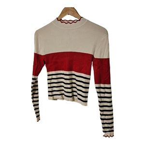Zara Cropped Striped Sweater Size Medium Red, White, and Black Scallop Details
